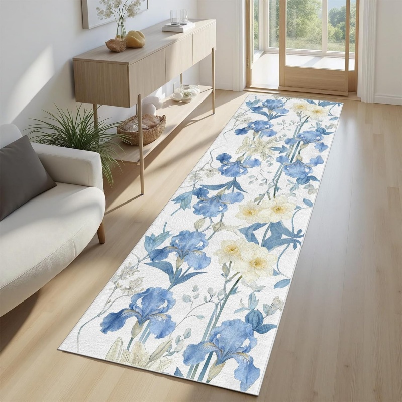 Hall Commercial Printing - Watercolor Blue Iris Floral Runner Rug